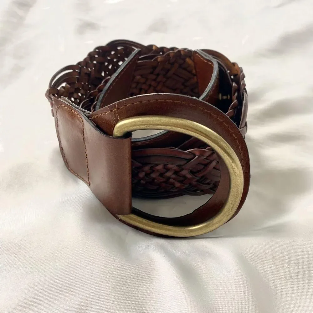 Chunky Wide Boho Braided Brown Leather Waist Belt Brassy Gold Clasp 50